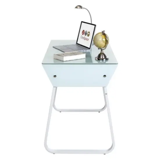 Ultramodern Glass Computer Desk with Drawers Steel Frame White - OneSpace image {6}