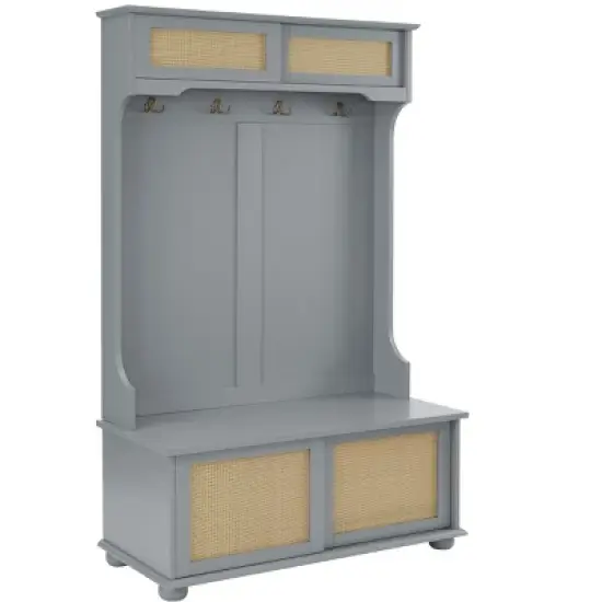 TIRAMISUBEST Casual Hall Tree with Rattan Doors & Shoe Storage - Gray Entryway Organizer Bench image {6}