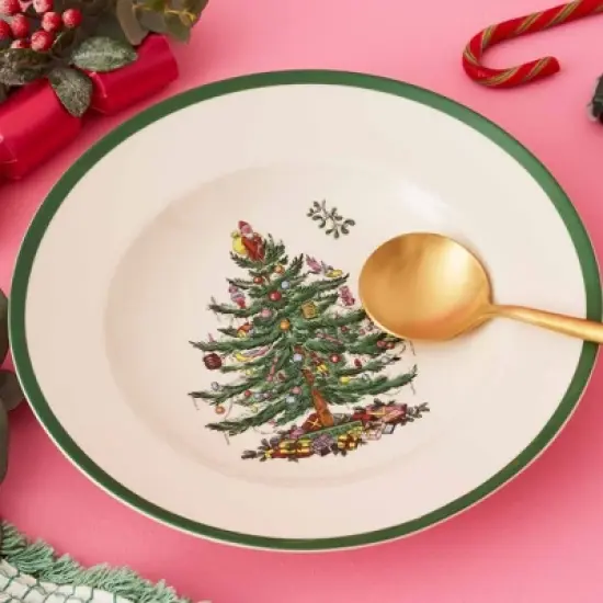 Spode Christmas Tree 9" Soup Plate (Set of 4) - Stoneware Soup Bowls with Festive Tree Design & Green Rim - Microwave & Dishwasher Safe image {5}