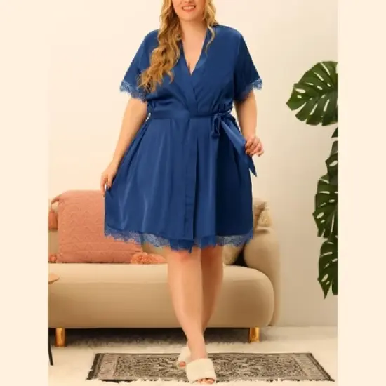 Agnes Orinda Women's Plus Size Satin Side Pocket Lace Trim Pajamas Robes image {1}