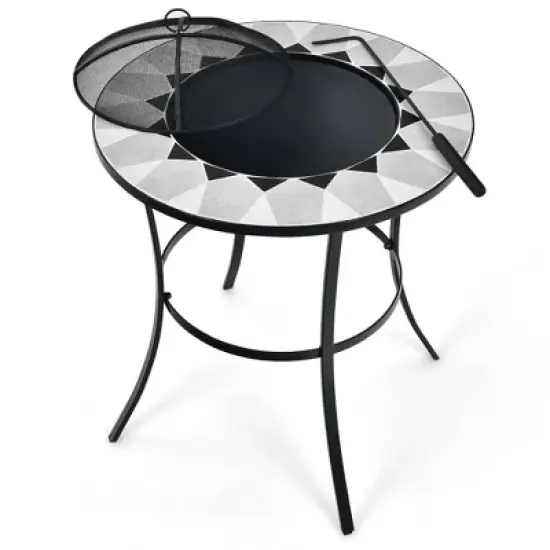 Costway 23.5'' Round Fire Pit Table Wood Burning Heater W/ Mesh Cover & Fire Poker image {9}