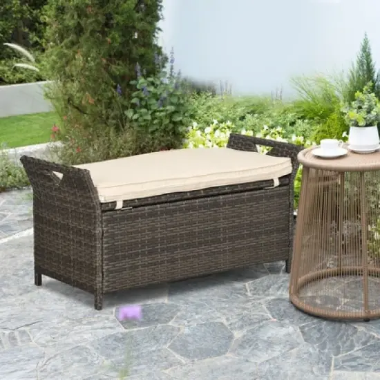 Outsunny Outdoor PE Rattan Two-In-One Storage Bench, Patio Wicker Large Capacity Footstool Rectangle Basket Box w/ Handles & Cushion image {1}