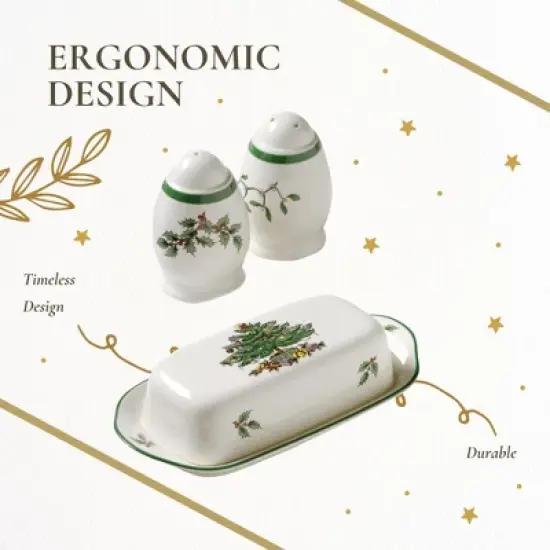 Spode Christmas Tree 3-Piece Hostess Set - Butter Dish with Lid, Salt Shaker, Pepper Shaker  - Dishwasher Safe Collectible Gift Set image {5}