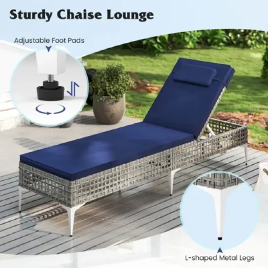 Costway 1/2 PSC Patio Chaise Lounge Chair with 6-Level Adjustable Backrest Removable Cushion Navy/White/Gray image {8}