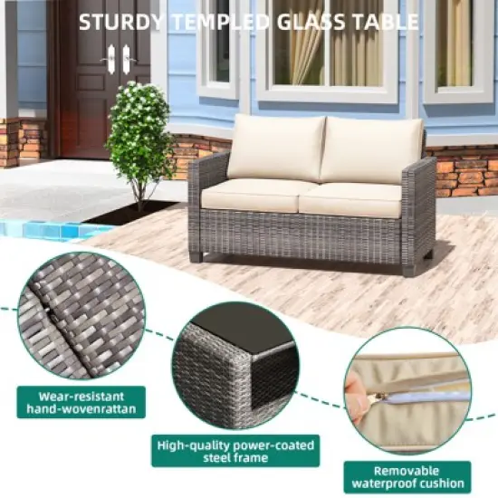 5-Piece Patio Wicker Conversation Sofa Set with Coffee Table,Rattan Sofa Chair with Cushion image {6}