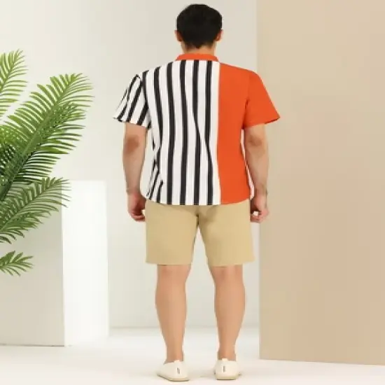 Lars Amadeus Men's Summer Hawaiian Short Sleeves Button Down Color Block Stripe Patchwork Shirts image {4}