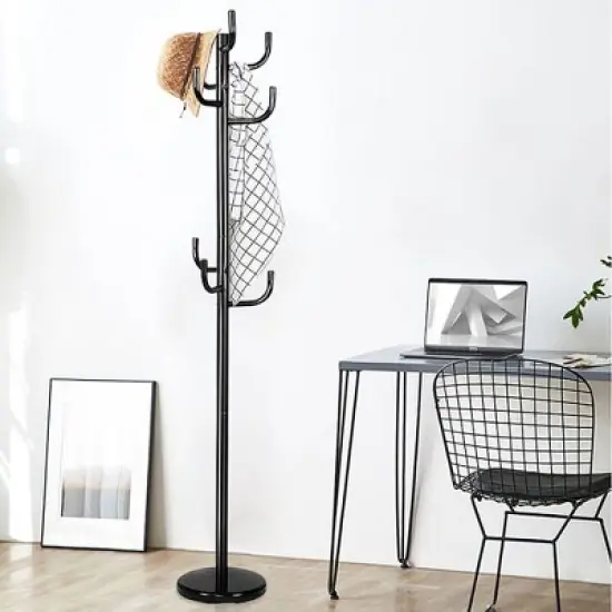 Costway Metal Coat Rack Hat Stand Tree Hanger Hall Umbrella Holder Hooks Black image {4}