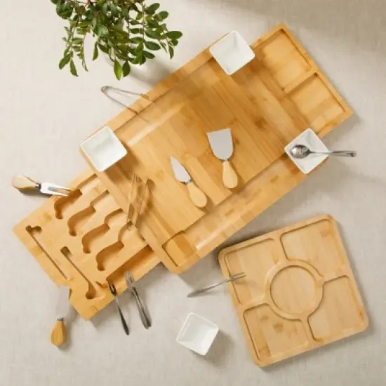 Gibson Home Rustic Inspirations 18-Piece Bamboo Charcuterie Board Set with Hidden Drawer, Ceramic Bowls, Utensils image {7}