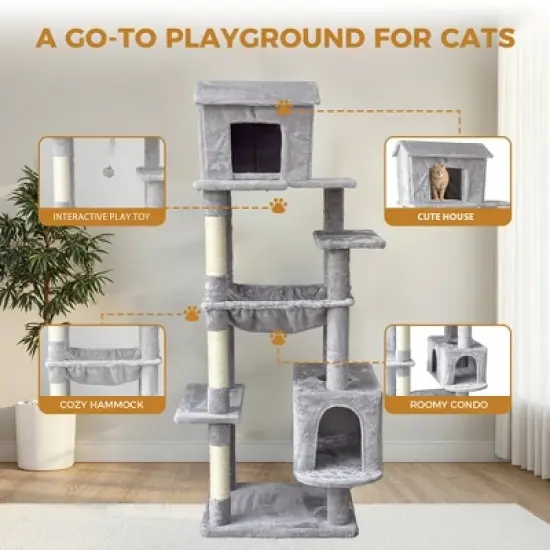 KTMBDW 63" Cat Tree, 5-Level Cat Tower for Large Cats with Large Hammock, Big Top Perch House & 3 Sisal Covered Scratching Post image {2}