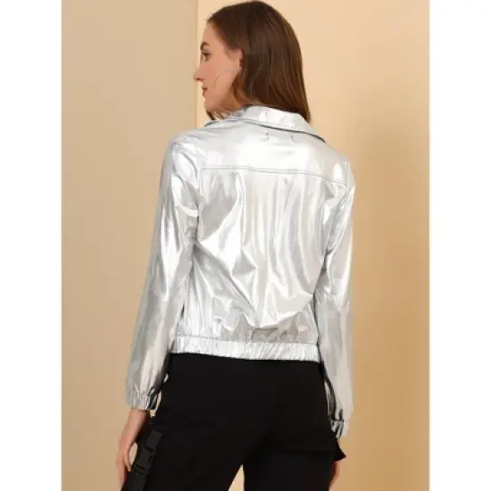 Allegra K Women's Track Holographic Shiny Long Sleeve Metallic Zip Front Jacket image {4}