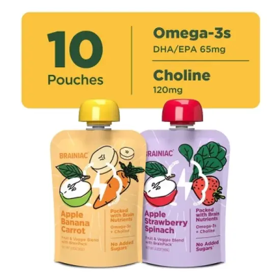 Brainiac Kids Brain Squeezers Applesauce Pouches Fruit and Veggie Variety Pack Apple Banana Carrot & Apple Strawberry Spinach - 3.2oz/10ct image {1}