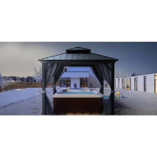 12'x12' hardtop gazebo for all weather with double metal roof, aluminum alloy frame, net, and curtain; perfect for patio, deck, and backyard. Gray. image {7}