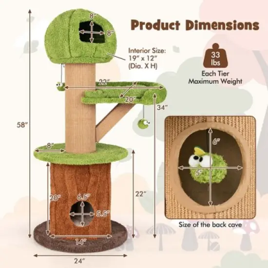 Costway 58" Mushroom Cat Tree for Indoor Cats with 2 Cute Condos Plush Perch Teasing Balls image {2}