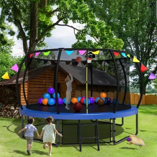 QingMoon 12FT Pumpkin Trampoline With Safety Enclosure Net Ladder,flag parts Weather-Resistant For Children & Adults Catering To The Festive Mood image {9}