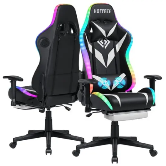 Hoffree Massage Reclining Gaming Chair Ergonomic Office PC Chair with Bluetooth Speaker & RGB Light image {15}