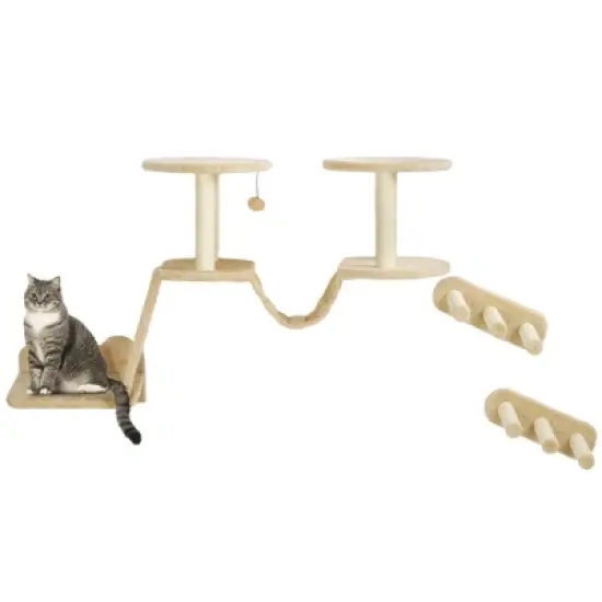 PawHut Cat Wall Shelves, 3pc Cat Wall Furniture w/ Scratching Post, Perches, Ladder, Steps & Scratching Board, Ceiling & Wall Mounted Cat Shelves image {3}