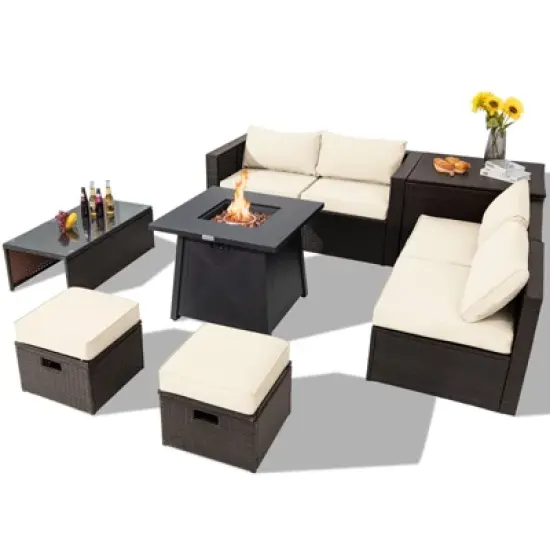 Tangkula 9PCS Outdoor Patio Furniture Set with 30" Propane Fire Pit Table PE Wicker Space-Saving Sectional Sofa Set w/ Storage Box & Cushions image {15}