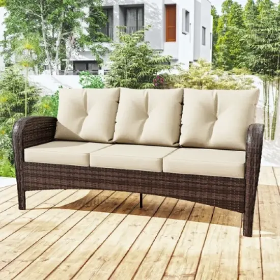 UPTIOT 3-person Patio Rattan Sofa With Wide Armrests image {2}
