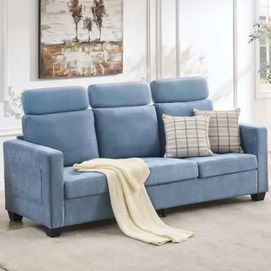 3 Seat Sofa Couch, 89'' Chenille Fabric Upholstered Sofa with Wide Armrest and Removable Headrest, Comfy Couches with Side Storage Pockets image {9}