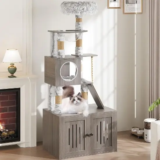 Cat Tree with Litter Box Enclosure, Hidden Litter Box Tree with Sisal Scratching Post and Soft Plush Perch image {8}