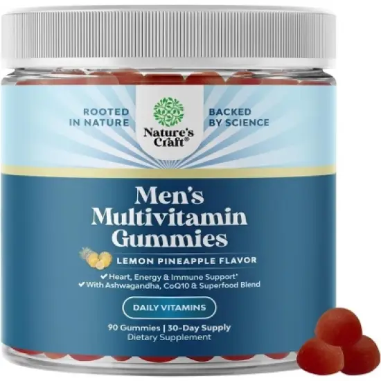 Men's Multivitamin Gummies, Supplement Gummies with CoQ10 and Ashwagandha for Energy & Immune Support, Lemon Pineapple Flavor, Nature's Craft, 90ct image {7}