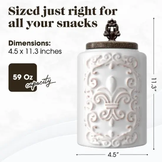 American Atelier Food Storage Ceramic Canister Jar, Fleur De Lis Embossed Design & Airtight Stainless-Steel Lid For Sugar, Flour & More, White image {6}