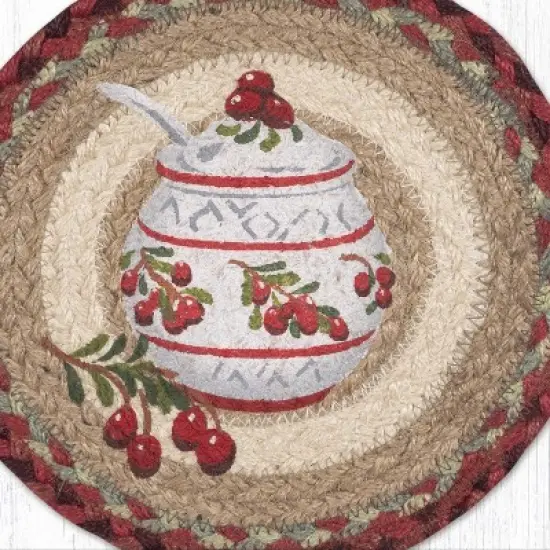 Earth Rugs Jam Jar Cranberry Round Trivet &ndash; 10" Fruit Print on Braided Natural Jute Table Mat image {1}