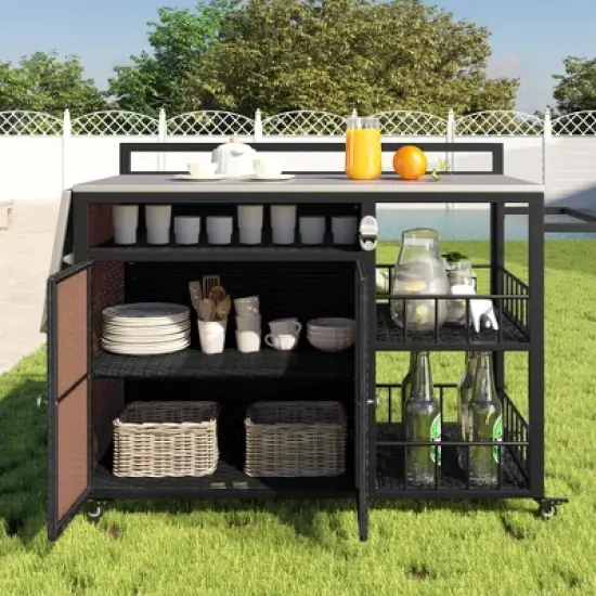 YOOCOZZ 63.5" Outdoor Rolling Kitchen Island with Ample Storage Space and Foldable Tabletop - Dark Brown image {1}