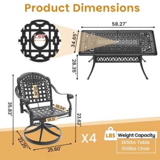 5-Piece Outdoor Dining Set, Cast Aluminum Rectangle Table with Swivel Chairs, Blue Cushions, Umbrella Hole image {5}