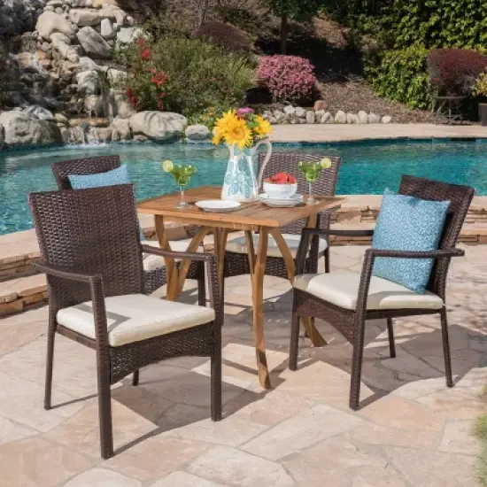 Ferris 5pc Acacia Wood & Wicker Patio Dining Set - Brown - Christopher Knight Home image {8}
