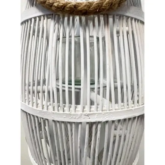 Essential Decor & Beyond 20.5" Tropical White Bamboo Hanging Lantern With Glass Candle Holder and Rope Handle Decorative Accent image {6}