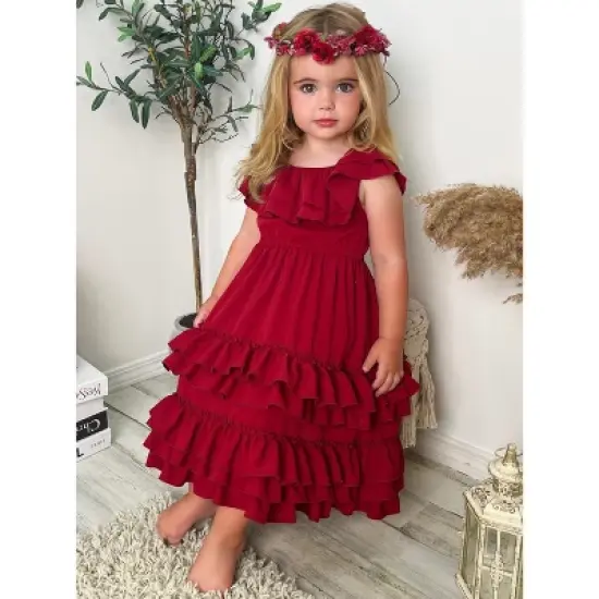 Girls Crisp Cranberry Tiered Ruffle Midi Dress - Mia Belle Girls image {3}