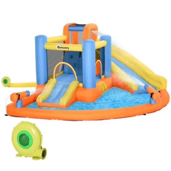 Outsunny Kids Inflatable Water Slide 5-in-1 Bounce House Water Park Jumping Castle with Water Pool, Slide, Climbing Walls, Water Cannons, Air Blower image {3}