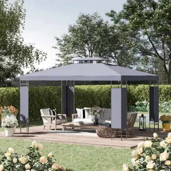 DOMETOUR Outsunny 10' x 13' Patio Gazebo, Double Roof Outdoor Shelter with Screen, for Garden, Lawn, Backyard, Deck, Gray image {8}