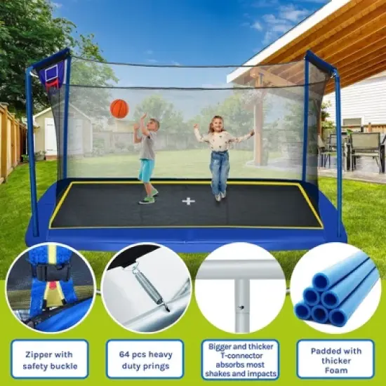 Okak 8*12FT Rectangle Trampoline, Outdoor Trampoline with Basketball Board, Inflater and Ladder, Rebounder for Garden, Patio, Blue image {3}