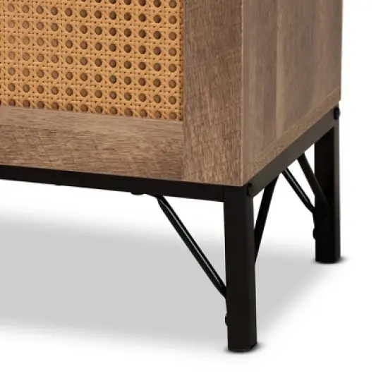 Veanna Bohemian Natural Wood and Metal 2 Door Synthetic Rattan TV Stand for TVs up to 40" Brown/Black - Baxton Studio image {5}