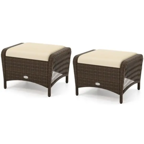 Tangkula 2 Pieces Outdoor Patio PE Wicker Ottomans w/ Removable Cushions Footstools image {10}