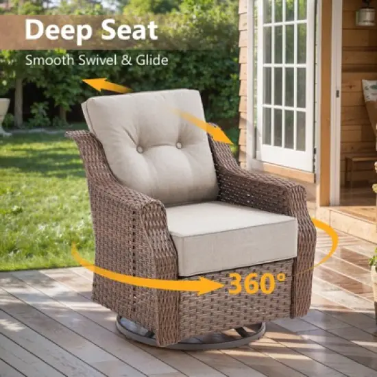 POCASSY 6 Inch Thick Cushion Patio Furniture Set with Swivel Glider Chairs, 8 Piece Patio Set with Brown Wicker Round Rattan and Olefin Cushion Cover image {5}