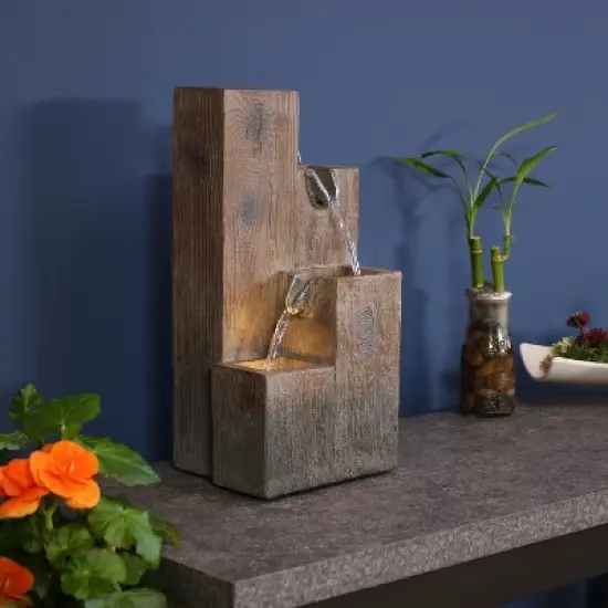 Sunnydaze Indoor Home Office Polyresin Faux Wooden Tiered Columns Tabletop Fountain with LED Lights - 13" image {2}