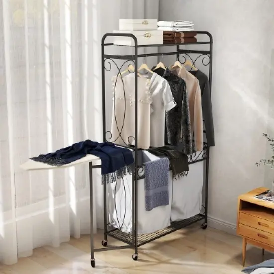 Laundry Sorter, Foldable Ironing Board, Rolling Laundry Hamper Cart with Hanging Rack, 2 Section Pull-Out and Removable Laundry Basket Organizer image {8}