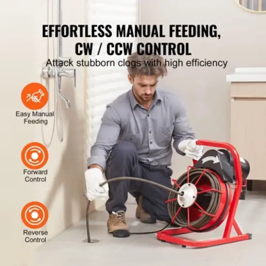 VEVOR Drain Cleaner Machine 50FT x 1/2 Inch, Sewer Snake Auger Manual Feed, 250W Electric Drain Cleaning Machine, Silver image {2}