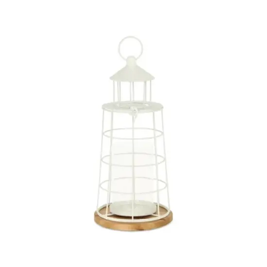 HomeRoots 15" White And Natural Metal And Wood Lighthouse Tabletop Lantern Candle Holder image {5}
