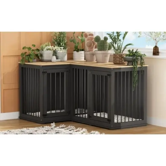 FUFU&GAGA Corner Double Dog Cage Furniture with Divider for Living Room image {3}