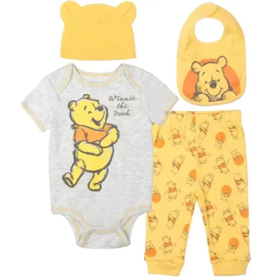 Disney Winnie the Pooh Baby Bodysuit Pants Bib and Hat 4 Piece Outfit Set Newborn to Infant image {8}