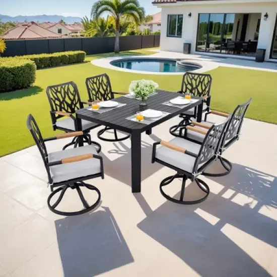 UNISOAR 7-PC Outdoor Patio Aluminum Furniture Set, Modern Dining Set. Rectangular Table with 6 Swivel Rockers Sunbrella Fabric Cushioned image {7}
