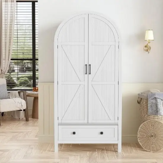 PAKASEPT 70.9&lsquo;&rsquo; Arched Wooden Armoire Wardrobe Closet with Drawers and Fluted Doors, with Light & Shelves and Hanging Rod, White image {6}