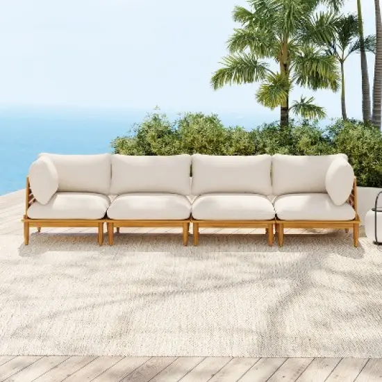 Scott Living Sacova Outdoor Acacia Wood 4-Seater Sofa, Teak Finish Frame with Beige Cushion image {8}