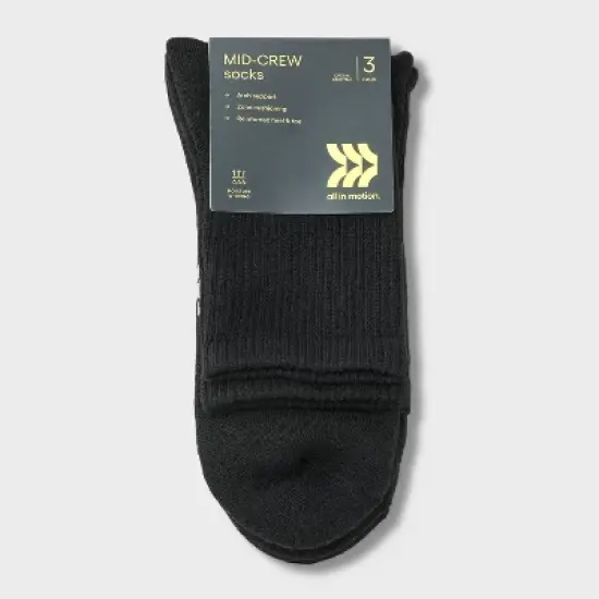 Men's 3pk Quarter Crew Socks - All In Motion&trade; Black 6-12: Recycled Polyester, Cushioned Heel & Toe image {1}