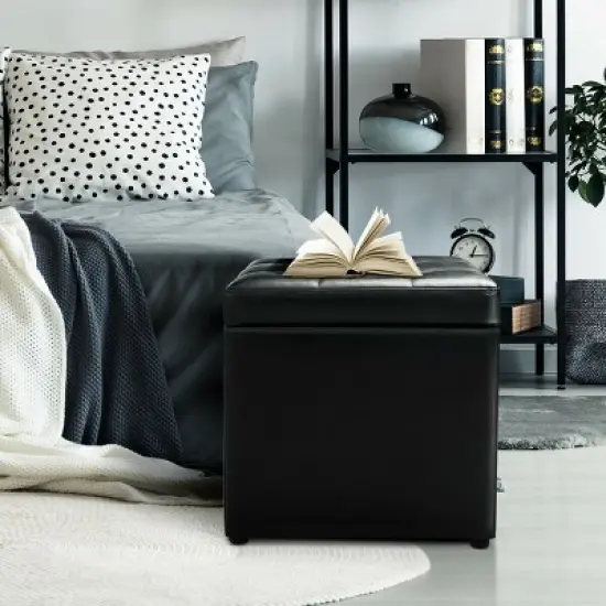 Costway 16''Cube Ottoman Pouffe Storage Box Lounge Seat Footstools with Hinge Top black image {3}
