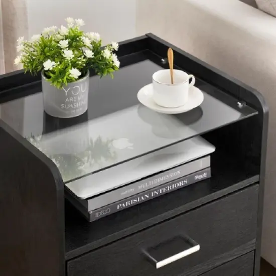 LED Night Stand with 2 Drawers - Smart End Side Table with Glass Top & LED Lights - Modern Bedside Table for Bedroom, Living Room & Dorm, White image {2}